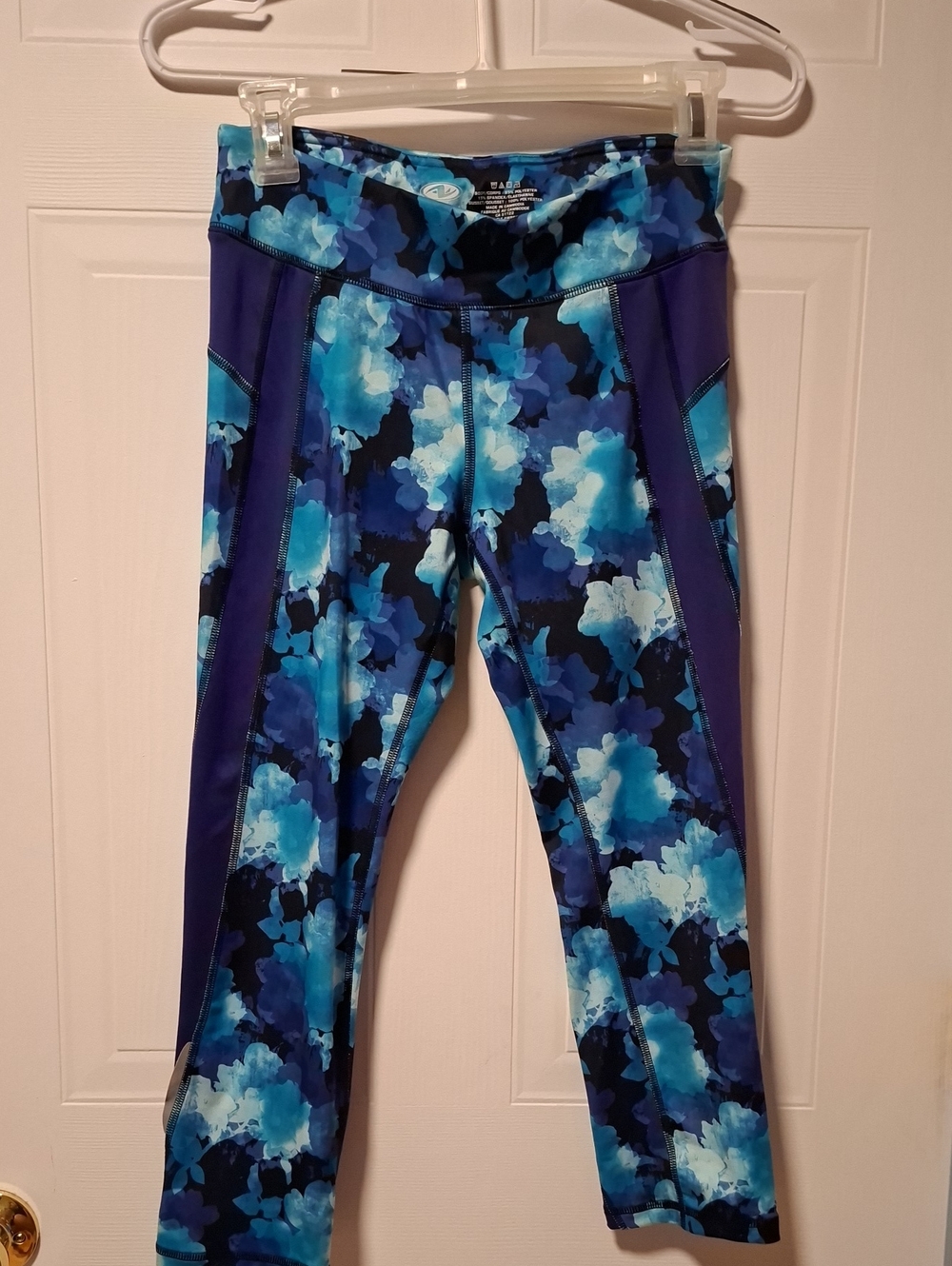Athletic Works Blue Floral Print Girls' Leggings with Purple Side Panels